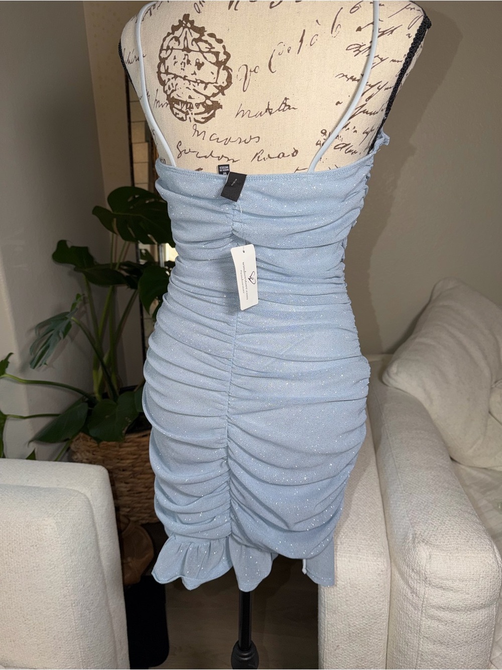 Windsor Light Blue Sparkle Ruched Mini Dress - Picture 7 of 9